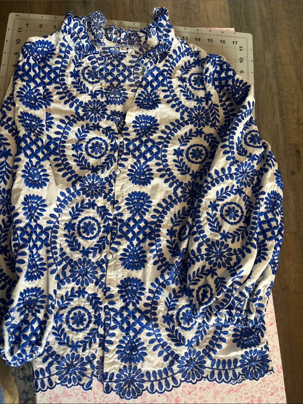 Women's White Blouse with Blue Embroidered Pattern with scallop trim